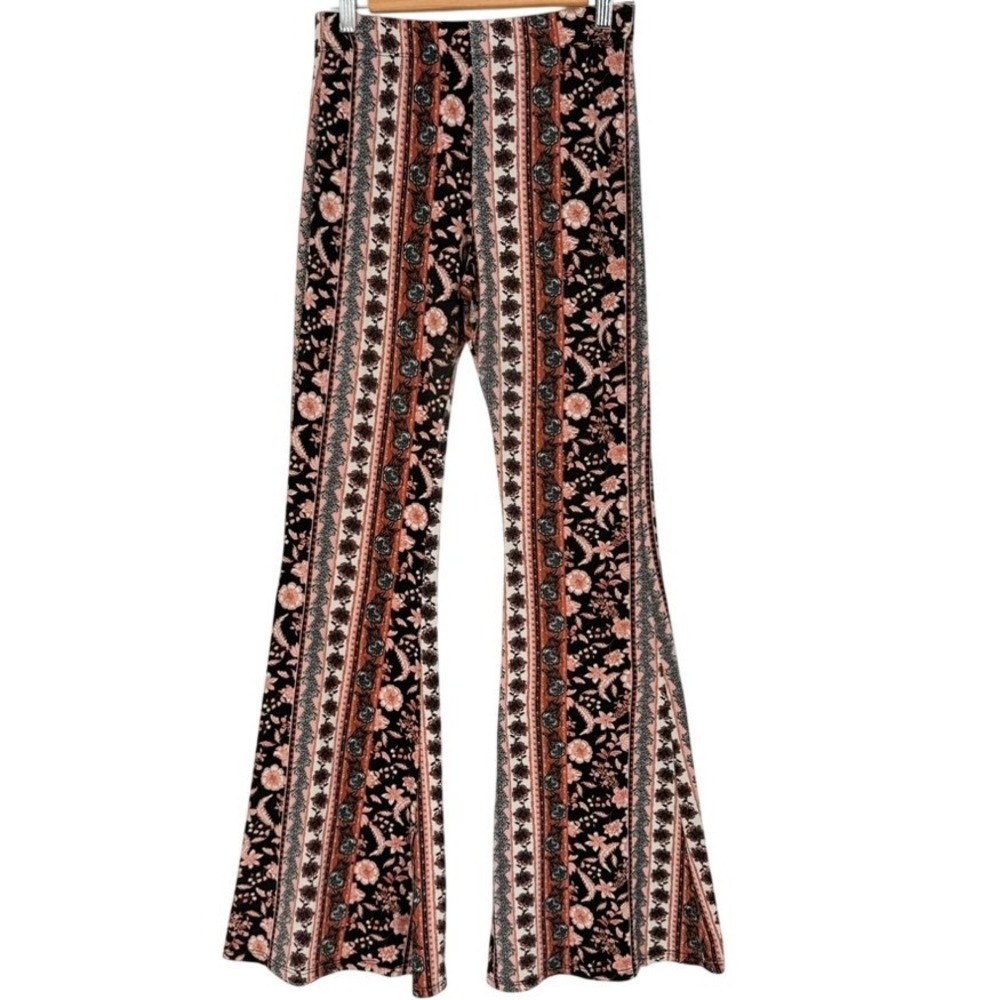 Vibe Sportswear‎ Womens Floral Stripe Bell Bottom Flare Pants Black Rust Medium